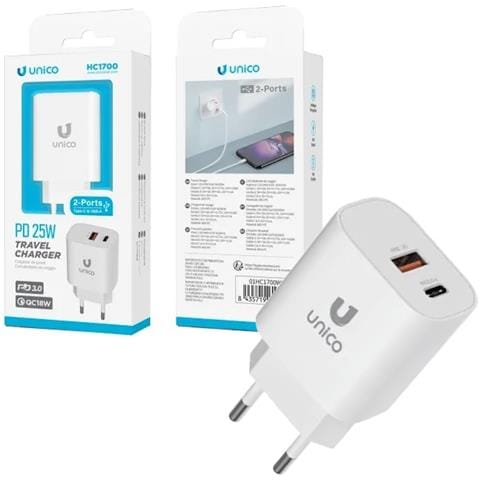 Caricabatteria Rete 25w Pd Fast Charger Usb-c + Usb-a Dual Port Bianco - Foto 1