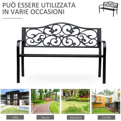 Panchina da Giardino 2 Posti con Schienale Decorato in Ghisa e Metallo, 127x60x89cm, Nero - Foto 2