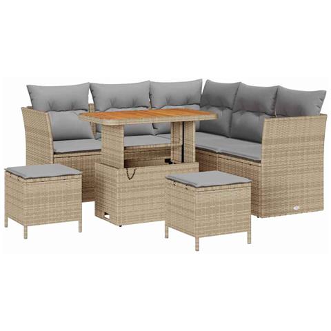 Set divano da giardino 8 pezzi con cuscini in polyrattan beige Acacia, Set da pranzo da giardino 3 pezzi con cuscini in polyrattan beige Acacia - Foto 1