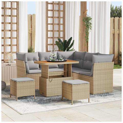 Set divano da giardino 8 pezzi con cuscini in polyrattan beige Acacia, Set da pranzo da giardino 3 pezzi con cuscini in polyrattan beige Acacia - Foto 2