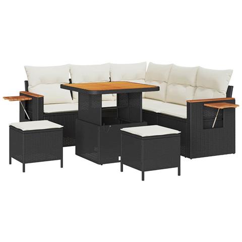 Set Divano Giardino 8 Pezzi Cuscini Nero Polyrattan Acacia, Set Mobili Giardino 3 Pezzi con Cuscini Nero Polyrattan Acacia - Foto 1