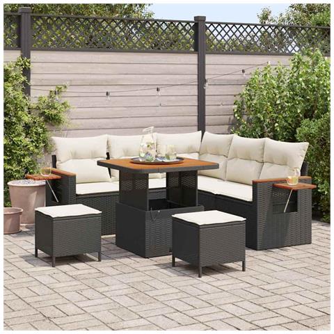 Set Divano Giardino 8 Pezzi Cuscini Nero Polyrattan Acacia, Set Mobili Giardino 3 Pezzi con Cuscini Nero Polyrattan Acacia - Foto 2