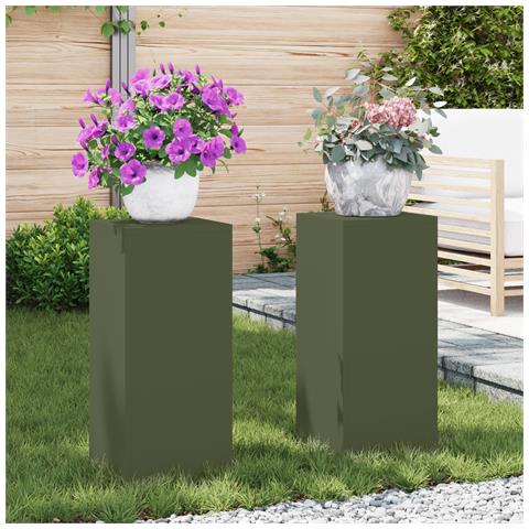 Supporti per Piante da Esterno Pillar 2 pz Verde Oliva 24x24x55 cm Acciaio - Foto 2