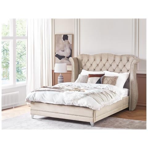 Letto Con Rete A Doghe Velluto Beige 160 X 200 Cm Ayette - Foto 1