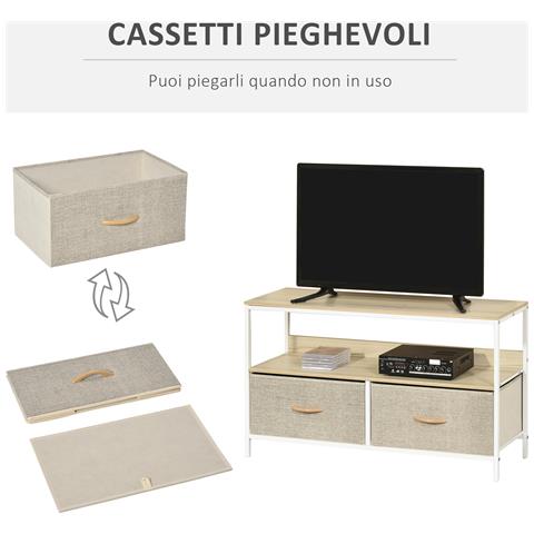 Mobile Porta TV da 47"" con Cassetti Pieghevoli in Tessuto e Mensola in Metallo e MDF, 98x29x56cm, Colore Legno - Foto 2