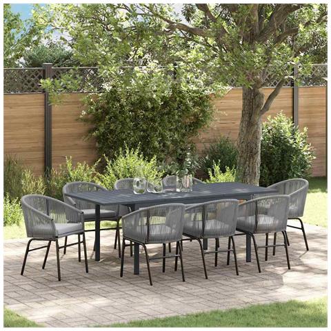 Set da pranzo da giardino 10 pezzi con cuscini grigi in polyrattan, Tavolo da giardino allungabile anthracite (140-210)x90x73 cm in acciaio - Foto 2