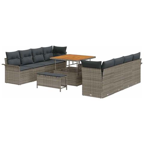Set di divani da giardino 11 pezzi con cuscini grigio polirattan acacia, Divano da giardino 2 posti con vano portaoggetti e cuscini grigio polirattan, Set da pranzo da giardino 3 pezzi con cuscini grigio polirattan acacia - Foto 1