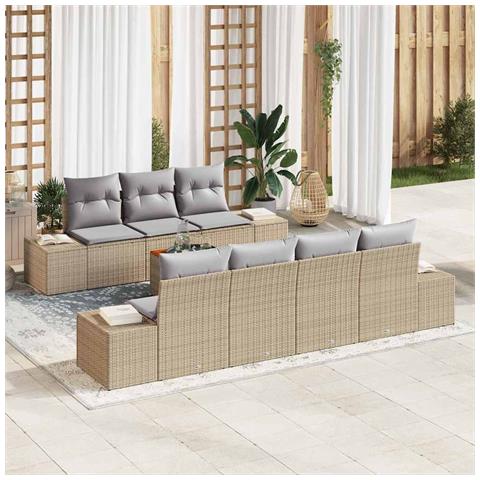 Set di Divani da Giardino a 8 Pezzi con Cuscini Beige Polyrattan Acacia - Foto 2
