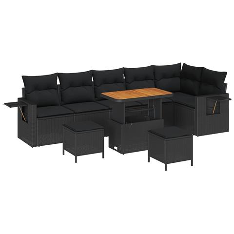 Set di divano da giardino  con cuscini neri in polyrattan e acacia, Set da pranzo da giardino  con cuscini neri in polyrattan e acacia - Foto 1