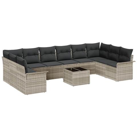 Set divani giardino  da 11 pezzi con cuscini grigio polyrattan, Divano giardino per due  con contenitore e cuscini grigio chiaro polyrattan - Foto 1