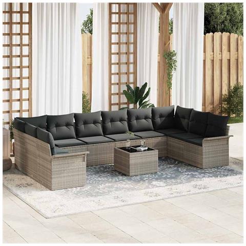 Set divani giardino  da 11 pezzi con cuscini grigio polyrattan, Divano giardino per due  con contenitore e cuscini grigio chiaro polyrattan - Foto 2