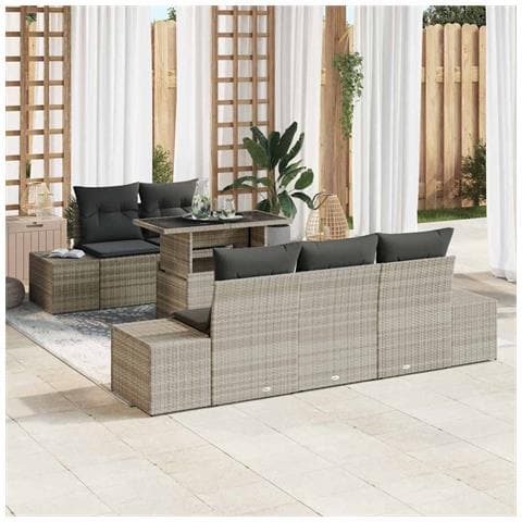 Set Divano da Giardino da 6 Pezzi con Cuscini Grigio Chiaro in Polyrattan - Foto 2