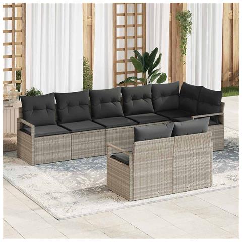 Set Divano Giardino 8 Pezzi Grigio Chiaro Polyrattan,  Divano Giardino a 2 Posti con Ripostiglio e Cuscini Grigio Polyrattan - Foto 2