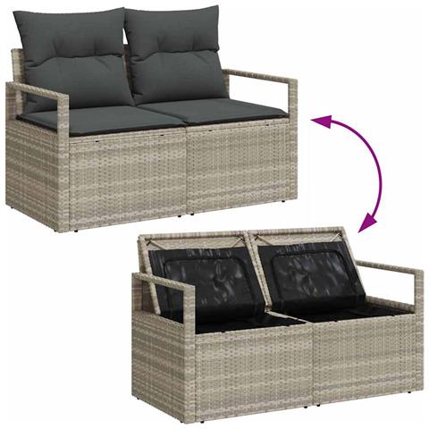 Set Divano Giardino 8 Pezzi Grigio Chiaro Polyrattan,  Divano Giardino a 2 Posti con Ripostiglio e Cuscini Grigio Polyrattan - Foto 9