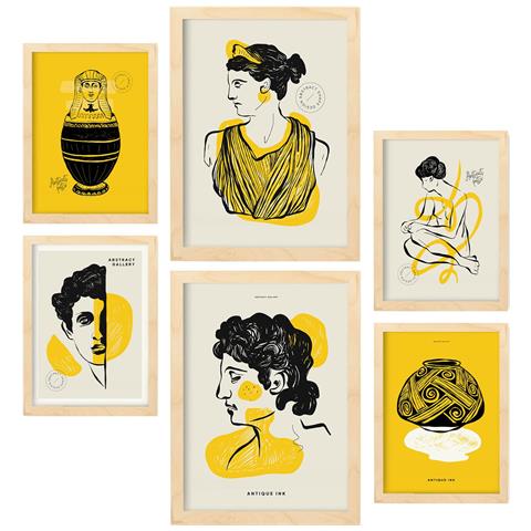 Set Di 6 Stampe Profili In Inchiostro Nero Ispirati Alla Mitologia Greca, Stampe Per L'interior Design A3 & A4 Telaio In Legno Chiaro - Foto 1