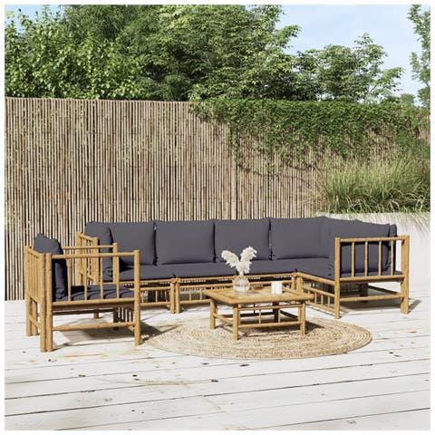 Set Salotto da Giardino 7pz con Cuscini Grigio Scuro Bambù - Foto 2