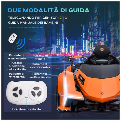 Macchina Elettrica Per Bambini Lamborghini Con Telecomando, Fari Led E Musica, Età 3+ Anni, Arancione - Foto 6