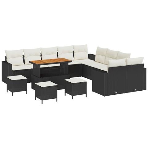 Set di divano da giardino  con cuscini Nero Polyrattan Acacia, Set da pranzo da giardino  con cuscini Nero Polyrattan Acacia - Foto 1