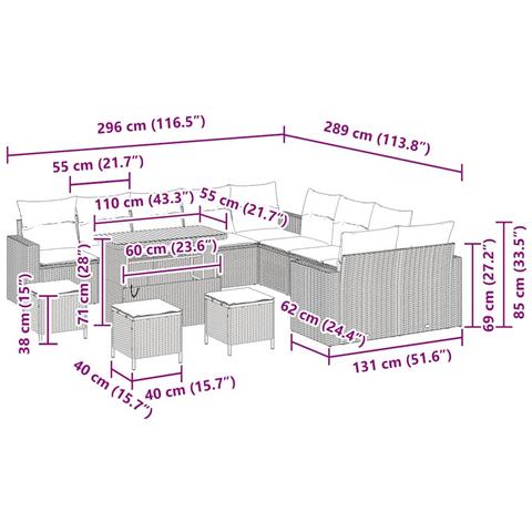 Set di divano da giardino  con cuscini Nero Polyrattan Acacia, Set da pranzo da giardino  con cuscini Nero Polyrattan Acacia - Foto 9