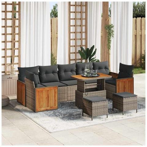 Set Divano da Giardino 10 Pezzi con Cuscini Grigio Polyrattan Legno di Acacia,  Set da Pranzo da Giardino 3 Pezzi con Cuscini Grigio Polyrattan Legno di Acacia - Foto 2