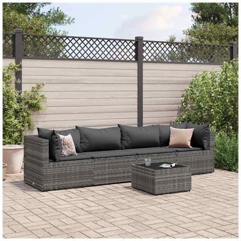 Set Divani da Giardino 5 pz con Cuscini in Polyrattan Grigio - Foto 2
