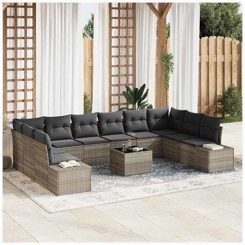 Set di divani da giardino 11 pezzi con cuscini Grigio Polyrattan - Foto 2
