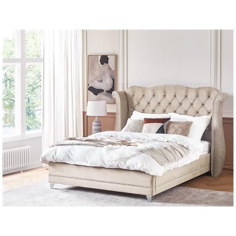 Letto Con Rete A Doghe Velluto Beige 180 X 200 Cm Ayette - Foto 1