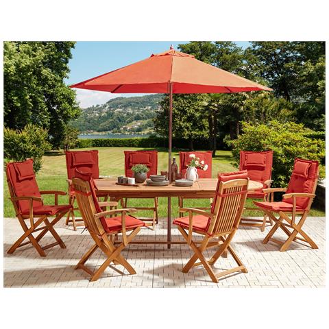 Set Da Giardino 8 Posti Legno Di Acacia Chiaro Con Cuscini Rossi E Ombrellone Maui Ii - Foto 1