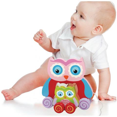 Gioco Gufetto Legno Trainabile Gufo Giocattolo per Bambini da Tirare 18cm Rosa - Foto 3