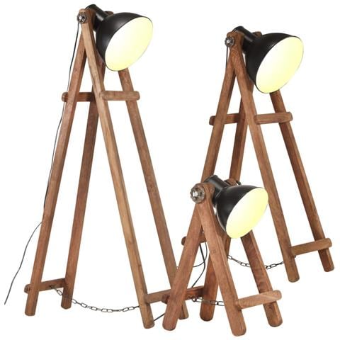 Lampade Da Pavimento 3 Pz Nere E27 In Legno Massello Di Mango - Foto 2