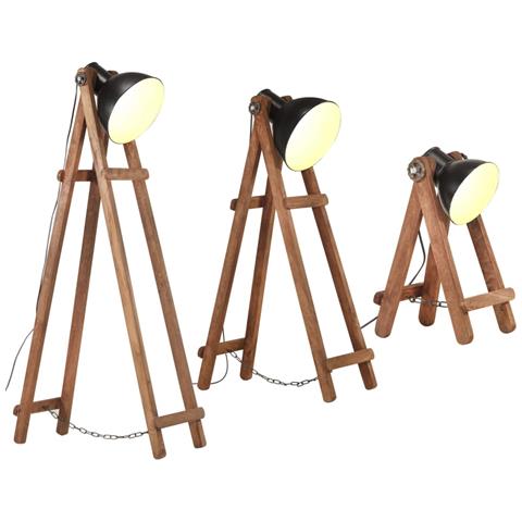 Lampade Da Pavimento 3 Pz Nere E27 In Legno Massello Di Mango - Foto 1