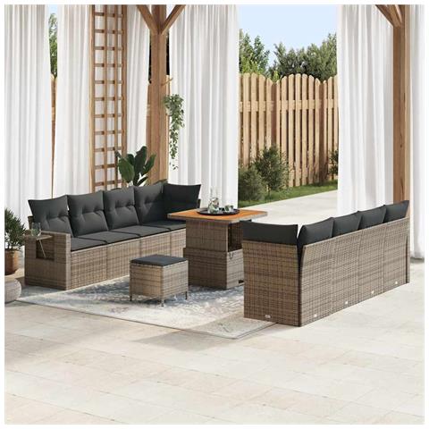 Set di Divani da Giardino 11 Pezzi con Cuscini Grigio Polyrattan Acacia,  Set da Pranzo da Giardino 3 Pezzi con Cuscini Grigio Polyrattan Acacia - Foto 2