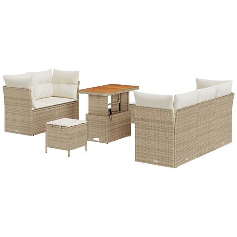 Set di Divani da Giardino a 8 Pezzi con Cuscini Beige Polyrattan Acacia, Set da Pranzo da Giardino a 3 Pezzi con Cuscini Beige Polyrattan Acacia - Foto 1