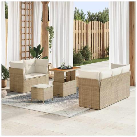 Set di Divani da Giardino a 8 Pezzi con Cuscini Beige Polyrattan Acacia, Set da Pranzo da Giardino a 3 Pezzi con Cuscini Beige Polyrattan Acacia - Foto 2
