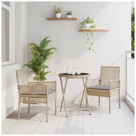 Set Bistro da Giardino a 3 Pezzi con Cuscini Beige in Polyrattan - Foto 2