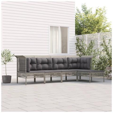 Set Divani da Giardino 5 pz con Cuscini in Polyrattan Grigio - Foto 2