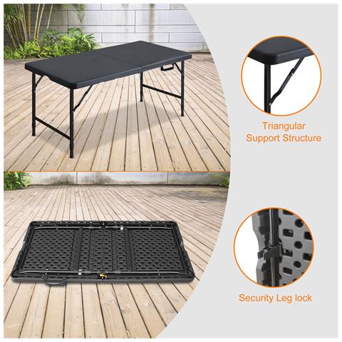 Tavolo Pieghevole Portatile Multifunzionale Da 125 Cm Per Impieghi Gravosi Con Maniglia, Altezza Regolabile, Per Feste Picnic In Campeggio In/outdoor, Nero - Foto 4