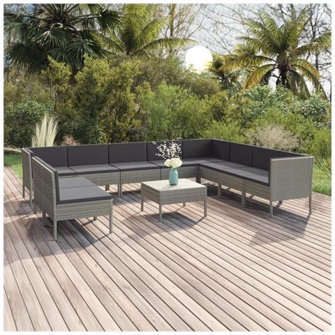 Set Divani da Giardino 11 pz con Cuscini in Polyrattan Grigio - Foto 2