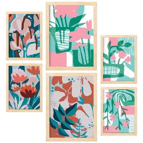 Set Di 6 Stampe Dipinti Decorativi Estetici Astratti Con Fiori Rosa E Verdi Per Il Tuo Soggiorno Di Casa A3 & A4 Telaio In Legno Chiaro - Foto 1