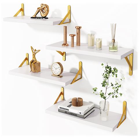 Set 4 Mensole Da Parete In Legno Bianco E Staffe Oro Scaffalatura Scaffale Muro - Foto 1