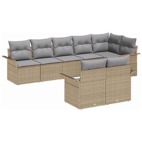 Set di Divani da Giardino a 8 Pezzi con Cuscini Beige Rattan Poliestere - Foto 1