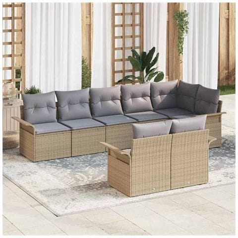 Set di Divani da Giardino a 8 Pezzi con Cuscini Beige Rattan Poliestere - Foto 2