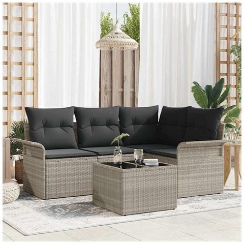 Set divani giardino  da 5 pezzi con cuscini in polyrattan grigio chiaro, Divano giardino  da 2 posti con spazio per riporre e cuscini in polyrattan grigio chiaro - Foto 2