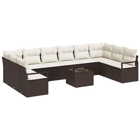 Set Divano da Giardino 10 Pezzi con Cuscini Grigio Rattan Policarbonato, Divano a Due Posti da Giardino con Ripostiglio & Cuscini Rattan Policarbonato Marrone - Foto 1