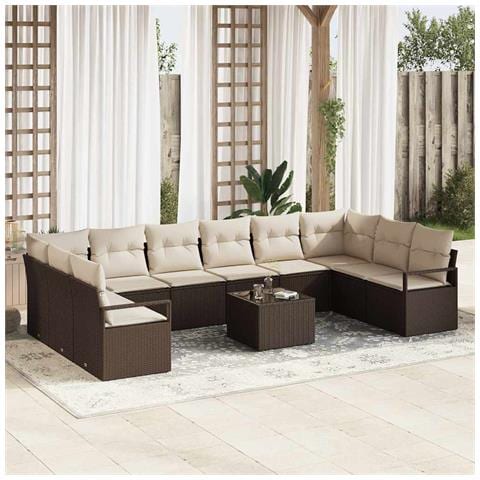 Set Divano da Giardino 10 Pezzi con Cuscini Grigio Rattan Policarbonato, Divano a Due Posti da Giardino con Ripostiglio & Cuscini Rattan Policarbonato Marrone - Foto 2