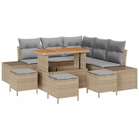 Set Divano Giardino 9 Pezzi con Cuscini Beige in Rattan Poliestere Acacia, Divano Giardino 2 Posti con Cuscini Beige in Rattan Poliestere, Set da Pranzo Giardino 4 Pezzi con Cuscini Beige in Rattan Poliestere Acacia - Foto 1