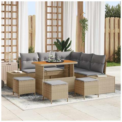 Set Divano Giardino 9 Pezzi con Cuscini Beige in Rattan Poliestere Acacia, Divano Giardino 2 Posti con Cuscini Beige in Rattan Poliestere, Set da Pranzo Giardino 4 Pezzi con Cuscini Beige in Rattan Poliestere Acacia - Foto 2