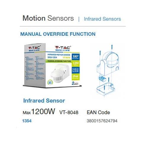 Sensore Di Movimento Infrarossi Crepuscolare Con Funzione Manual Override A Parete 180° Bianco Ip44 Vt-8048 - Sku 1354 - Foto 2