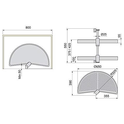 Guarnitura Girevole Per Mobile Ad Angolo Di Cucina, Cestelli Girevoli A Mezzaluna Di Ø650mm Per Base Di 800mm, Bianco - Foto 2