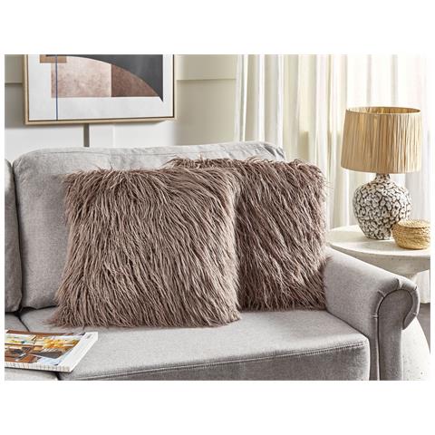 Set Di 2 Cuscini Corokia Finta Pelliccia 45 X 45 Cm Beige Tinta Unita - Foto 1